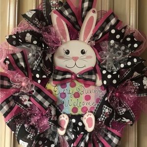 Happy Easter Every Bunny Welcome Spring Door Wreath 22” 22 Inch Hot Pink Black